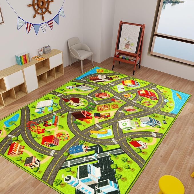 Kids Rugs Traffic Road Carpet for Car City Map Play Rug 3.3'×5' for Playroom Educational Mat Area Rug, Kid Playtime Collection Toddler Car Track Rug Cute Cartoon (City Road A, 39.4×59 in)