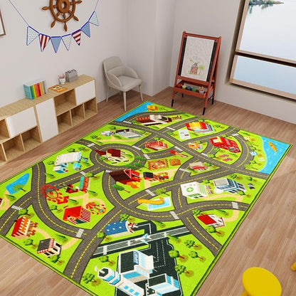 Kids Rugs Traffic Road Carpet for Car City Map Play Rug 3.3'×5' for Playroom Educational Mat Area Rug, Kid Playtime Collection Toddler Car Track Rug Cute Cartoon (City Road A, 39.4×59 in)