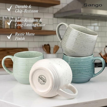 Sango Siterra Artist's Blend 17 oz. Stoneware Mug Set- Service for 4, Rustic Design, Green/White/Beige, Scratch-Resistant, Microwave & Dishwasher Safe, for Everyday Dining & Entertainment