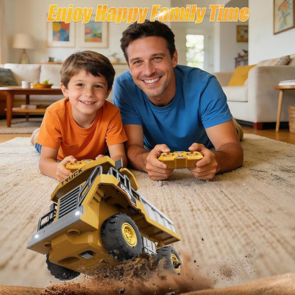1:64 Mini Remote Control Dump Truck Toy, 2.4GHz RC Dump Truck with Metal Bed, LED Light & Music, Variable Speed, Type-C Charging, Includes 4 Road Barriers, Construction Vehicle Gift for Kids & Adults