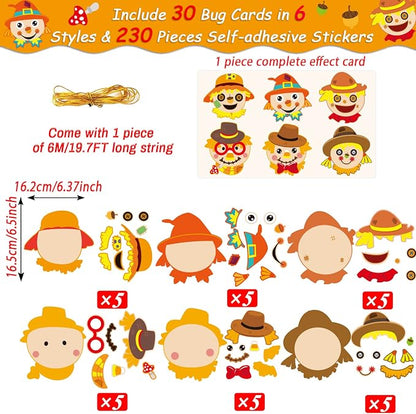 chiazllta 30 Pcs Thanksgiving Fall Crafts for Kids DIY Scarecrow Craft Kits Kindergarten Autumn Art Craft Make Your Own Scarecrow Head Set for Home Class Game Activities Preschoolers