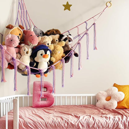 mirolam Large Stuffed Animal Hammock Corner Net for Toys Storage Hanging Stuff Animal Organizer Holder Pink Purle Girls Room Bedroom Boho Nursery Decor