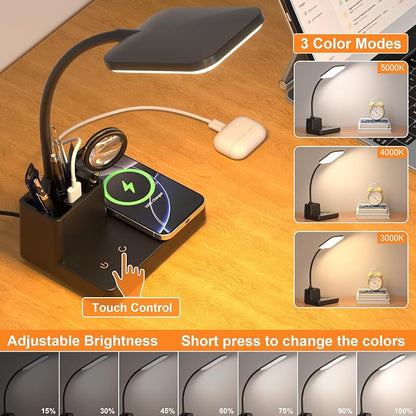 Wireless Charging Desk Lamp USB Charging & Pen Holder, Matte Black | CRI 95, 800LM, Stepless Dimming, 3 Modes, 360°Flexible Arm, Touch, Study Table Lamp for Home Office, Dorm Room, with Adapter