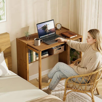 Bamboo Folding Desk for Small Spaces, Small Computer Foldable Desk, Brown | Space Saving Desk for Bedroom Home Office, Mid Century Sofa Table for Couch, Writing Work Office Desk