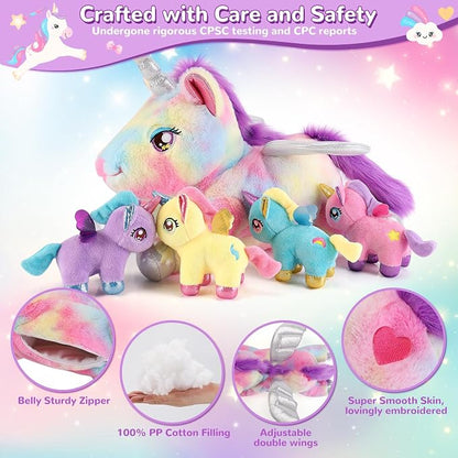 gnomantic Unicorn Stuffed Animals with Babies Inside, Mommy Toy for Kids | 5-Piece set: 1 mommy unicorn + 4 baby unicorns inside. Unzip belly to reveal surprise babies. Ultra-soft, ages 3-8.
