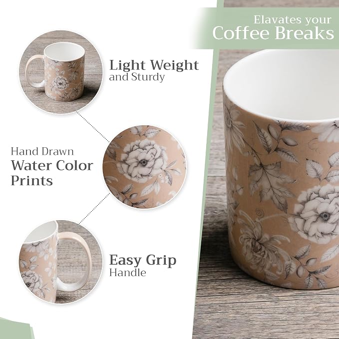 Maison d' Hermine Coffee Mug with Handles Tea Cups (15 Ounce, Pack of 1) | Fine Bone China Coffee Mugs for Hot Beverages Cappuccino Latte Home Restaurant Spring Summer -Pretty Autumn - Pretty Mono