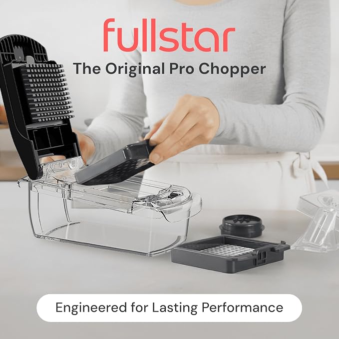 Fullstar Pro Original Vegetable Chopper & Spiralizer, Kitchen Prep Tool | 4 in 1 Veggie Slicer, Onion & Fruit Cutter with Sharp Stainless Steel Blades & Container, All-in-One Food Prep Tool (Clear)