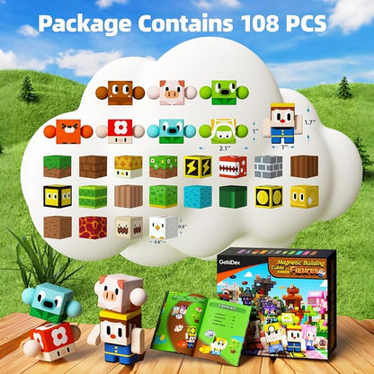 GobiDex 108PCS Magnetic Building Blocks for Kids with Rotatable Figures and Animals, Magnetic Blocks STME Game for Boys and Girls, Magnetic Blocks Toys for Christmas and Birthday Gifts for Ages 3-12