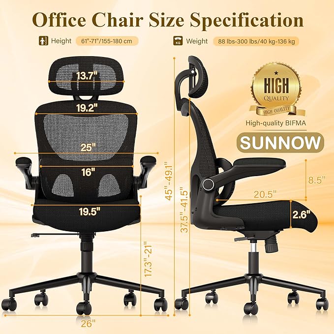 SUNNOW Ergonomic Office Chair, Comfy Mesh Desk Chair, High Back Computer Gaming Chairs with Adjustable Lumbar Support, Flip-Up Arms, Headrest, Tilt Function, Wide Cushion, Swivel Wheel, BIFMA Quality