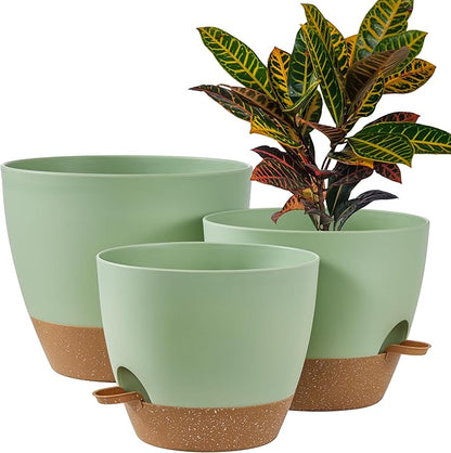FaithLand 3-Pack Large Planter Pots, 12 10 9 Inch Self Watering Flower Pots for Indoor Outdoor Garden Plants, Green with Brown
