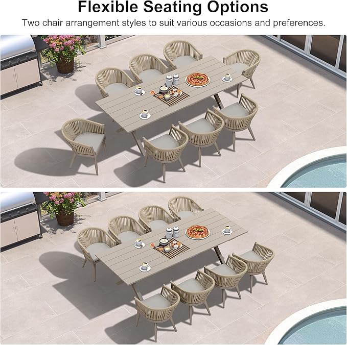 PURPLE LEAF 9 Piece Longer Outdoor Dining Set with Patio Aluminium Dining Table and Wicker Chairs Modern Furniture Cushions Sets for Backyard Indoor Decor Kitchen Champagne