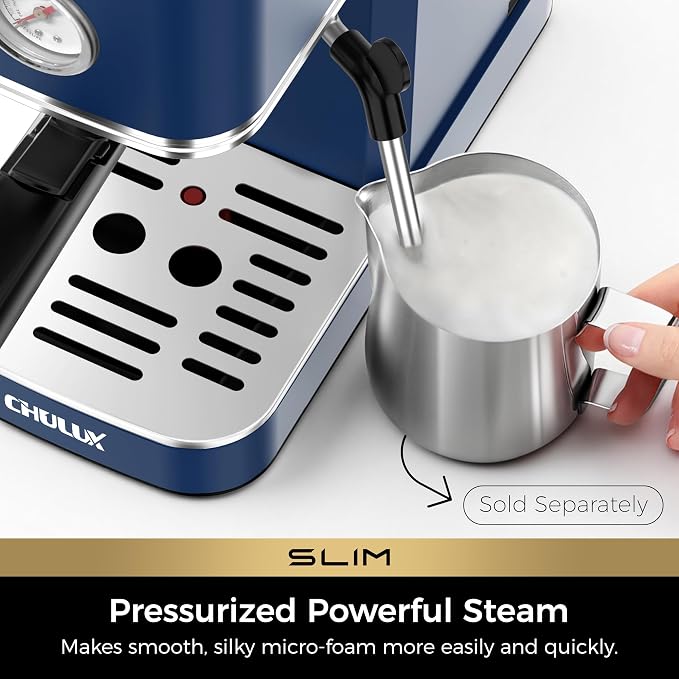 CHULUX Slim Espresso Machine with Milk Frother for Home Latte, Dark Blue | Precise Pressure Gauge, Food-Grade Materials, 20 Bar Italian Pump, Professional Temperature Control System, Stainless Steel
