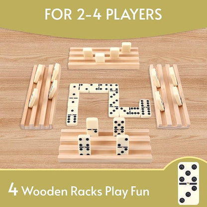 Doreimi Double 6 Dominos Set for Adults with 4 Wooden Racks & 28 Tiles Travel Dominoes Set Classic Board Game for Family Game Night