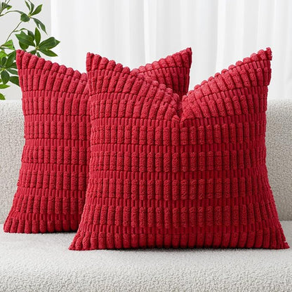 MIULEE Pack of 2 Red Corduroy Decorative Pillow Covers 18x18 Inch Soft Boho Striped Throw Pillow Covers Modern Farmhouse Home Decor for Sofa Living Room Couch Bed