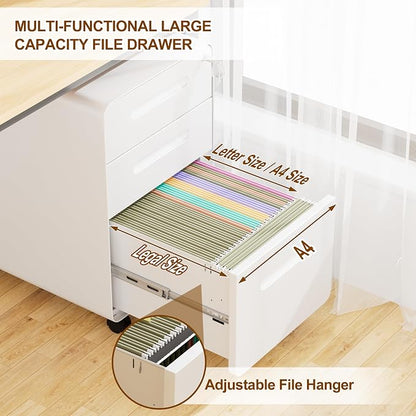 3 Drawer File Cabinet with Lock and 4 Keys, Mobile Metal Filing Cabinet, File Cabinets for Home Office, Under Desk, Pre-Assembly, File Drawer, Letter/Legal/A4 Hanging File Folders