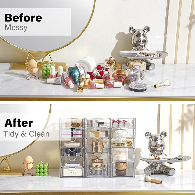 Prsildan 15 Drawers Teacher Toolbox Acrylic Containers, Set of 3 | Clear, Pens Markers Stickers Hardware Storage, Office Desk Kitchen Cabinet Garage Organizer