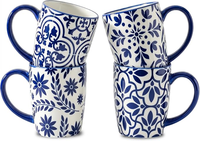 glowworm Coffee Mugs, 16 Ounce Ceramic Coffee Cups Set of 4, Blue & White | Large Latte Cups with Handle for Tea, Mocha, Milk, Perfect for Family Kitchen & Holiday Gifts, Dishwasher & Microwave Safe