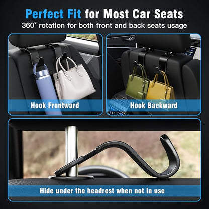 Amooca 4-Pack Car Headrest Hooks –Holds 55lbs Vehicle Storage Organizer for Purses Handbags Groceries Backpack Coats 360° Rotating Black