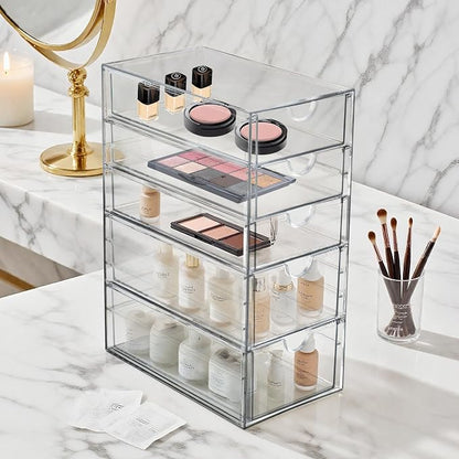 Prsildan Hair Accessories Organizer Acrylic Drawer with 5 Small Drawers | Clear, For Bathroom Vanity Office Desk, Jewelry Makeup Storage