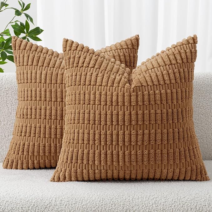 MIULEE Pack of 2 Corduroy Decorative Throw Pillow Covers 18x18 Inch Soft Boho Striped Pillow Covers Modern Farmhouse Home Decor for Sofa Living Room Couch Bed Brown