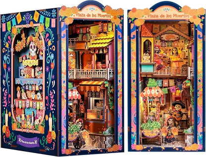 CUTEBEE Book Nook Kit - Mexican Fiesta DIY Miniature Dollhouse, Vibrant LED Bookshelf Decor Alley Model for Adults Teens, Gifts for Family and Friends（Plaza de Los Muertos）