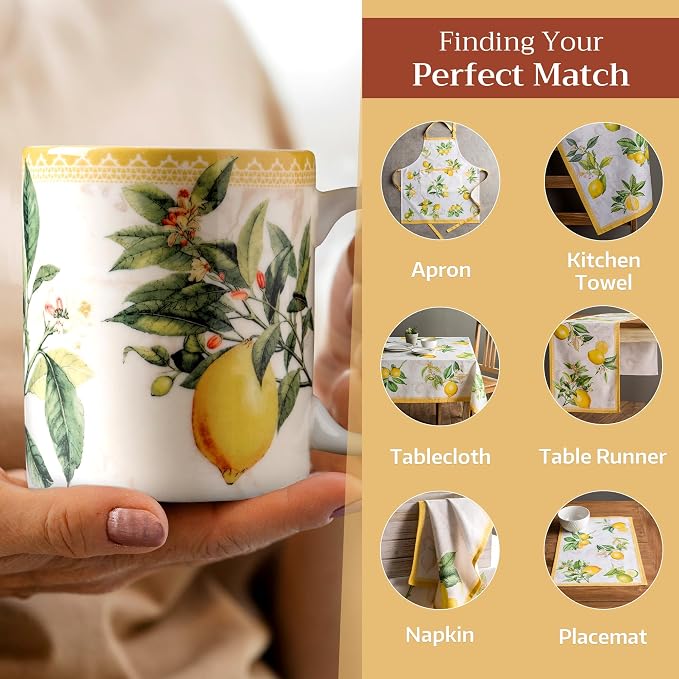 Maison d' Hermine Coffee Mug with Handles Tea Cups (15 Ounce, Pack of 2) | Fine Bone China Coffee Mugs for Hot Beverages Cappuccino Latte Home Restaurant Hotel Spring Summer -Limoncello