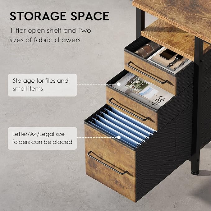 Maihail Small Desk with Drawers, Office Desk with Storage Shelves, Brown2 | 40 Inch Desktop, Metal Frame, 3 Fabric Drawers, Storage Shelves, Computer & Writing Desk, Office Gaming Workstation