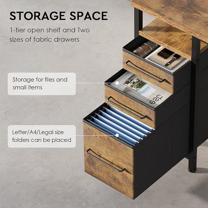 Maihail Small Desk with Drawers, Office Desk with Storage Shelves, Brown2 | 40 Inch Desktop, Metal Frame, 3 Fabric Drawers, Storage Shelves, Computer & Writing Desk, Office Gaming Workstation