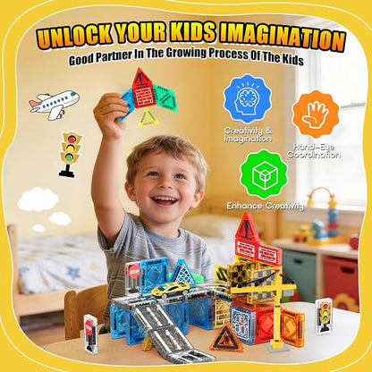 Magnetic Tiles - Construction Toys, Road Set Outdoor Travel Toys with Magnetic Crane & Car for Boys Age 3-5 4-8 8-10, Mini Magnet Building Blocks with Crane, Road, Traffic Lights, STEM Sensory Gifts