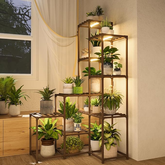 Bamworld Corner Plant Stand With Grow Lights - Tall Shelf Indoor Outdoor for Multiple Plants - Wood Table 7 Pots Flower Stands for Living Room Rack