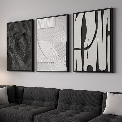 Large 3D Textured Framed Black and White Abstract Wall Art for Living Room, 3 Piece Modern Artwork for Walls, Minimalist Black White Texture Paintings for Hallway Office Wall Decor 24x36 In