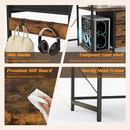 YOSHOOT 60" Computer Desk with 5 Fabric Drawers, Gaming Desk Table | Desk with Storage and Power Outlets, for Adults and Teenagers Working Writing Study, Rustic Brown