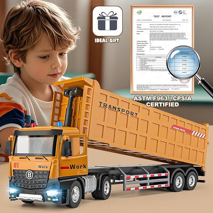 HAPYAD Dump Truck Toy Metal Cab, Big Trucks for Toddlers Boys 3-5, 16.5" | Large Semi Truck, Lights and Sounds, Friction Powered, Trucks for Toddlers 1-3 Boys, Diecast Construction Toys