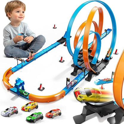 LILYBUDS Toy Car Race Track Set for Boys Kids Age 3-5 4-7, Race Tracks with 4 High-Speed Pull Back Race Cars and Crash Zones, Christmas Halloween Birthdays Gifts Toys for Boys Kids 4-6 8-12 Years Old