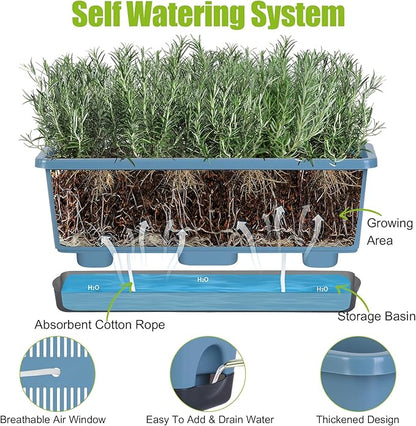 Window Box Planter 4 Packs, 17 Inches Rectangle Flower Pots with Drainage Holes & Trays, Pots for Vegetables, Herbs, Flowers, Garden Windowsill Balcony (Blue, 17 * 5.1 * 6 inch)