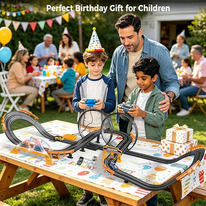 Electric Slot Car Race Track Sets with 4 High-Speed Racing Slot Cars Dual Racing Game with 2 Controllers Circular Overpass Track Featuring Flash Bridge Pendulum Gifts Toys for Boys Kids Age 6 7 8-12