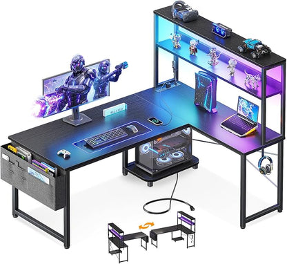 ODK 43" L Shaped Gaming Desk with Shelves, LED & Outlets, Black | Reversible L-shape. LED gaming lights & USB. Headset hook & storage bag. Fits dorms, small bedrooms & compact apartments.