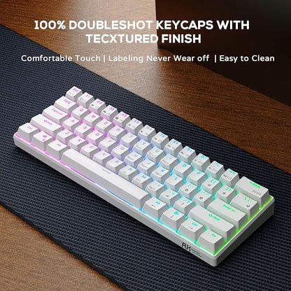 RK ROYAL KLUDGE RK61 Wireless Mechanical Keyboard, 60% Percent RGB, White | Hot Swappable Gaming Keyboard with Bluetooth/2.4G/USB, 61 Keys Ultra-Compact for Win/Mac/PC, Coiled Cable, Linear Red Switch