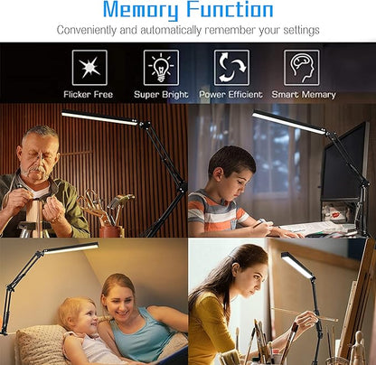 LED Desk Lamp with Clamp and Round Base,Eye Caring Table Lamp with Swing Arm,3 Color Modes 10 Brightness Levels,Memory Function, Desk Light for Home Office with USB Adapter Black-14W