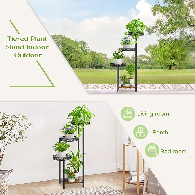 Plant Stand Indoor Outdoor, 4 Tier Metal Flower Pot Shelf Holder Clearance, Tall Corner Rack for Multiple Plants, Modern Organizer Display for Patio Orchid Office Porch Living Room Garden, Black