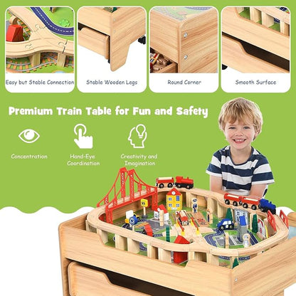 Costzon Train Table with 100 Multicolor Pieces, Wooden Kids Activity Table with Large Rolling Storage Drawer, Tracks, Cars, DIY Design, Train Set Table for Toddlers 3+, Gift for Boys Girls