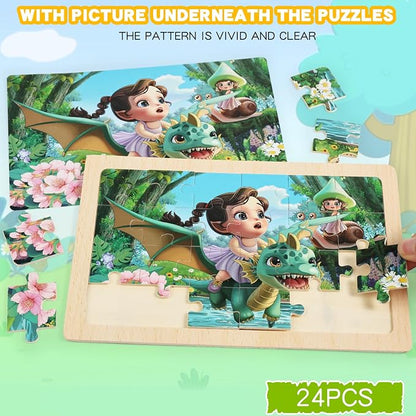 4 Sets of Wooden Puzzles, Each Set has 24 Pieces, Including Castle Unicorn Princess, for Toddlers 3-5, Puzzles for Kids Ages 4-6, Preschool Educational Brain Teaser Toys for Girls 3 4 5 6 Years Old.