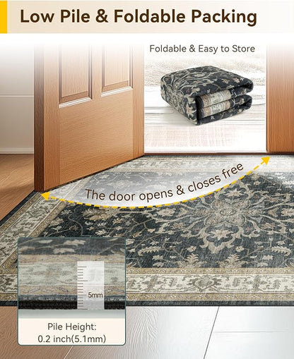 RELEANY Area Rugs 3'x5' Washable Non-Slip, Floral Vintage Distress Medallion Carpet for Living Room Bedroom Dining Room, Vintage Black Brown Neutral