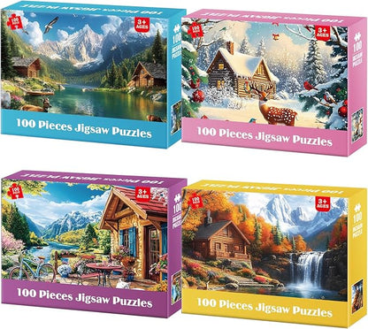 4-Packs 100 Piece Puzzles - Four Seasons Scenery Large Piece Puzzles for Senior Adults Kids Puzzle Ages 5-8 Jigsaw Puzzle for Kids Ages 4-6 6-8 8-10 Year Old Educational Toys for Girls Boys