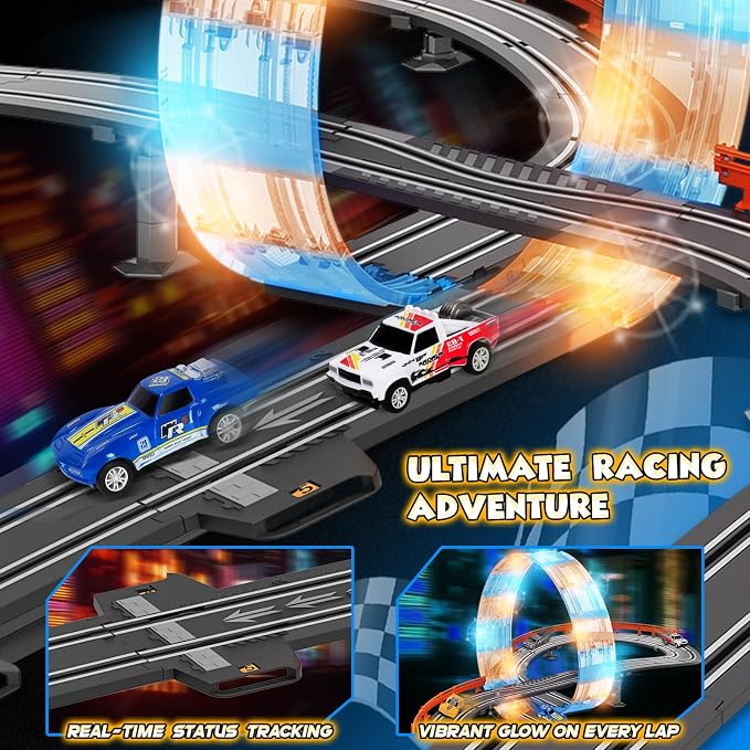 Slot Car Race Track Sets for Boys Age 4 5 6 7 8-12, Electric Race Car Track with 4 High-Speed Racing Car, Dual Racing Game Lap Counter Circular Overpass Track, Christmas Birthday Gifts Toys for Kids