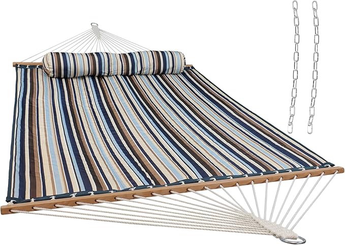 Sunnydaze Quilted Outdoor Hammock with Spreader Bars - Heavy-Duty 450-Pound Capacity Double Hammock for Outside - Ocean Isle