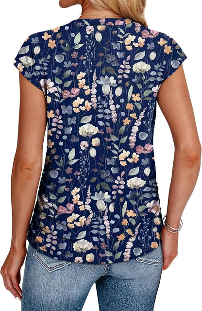 Sampeel Womens Summer Tops Trendy 2026 Ruched Cap Short Sleeve Tshirts Shirts Crew Neck T Shirts Fashion