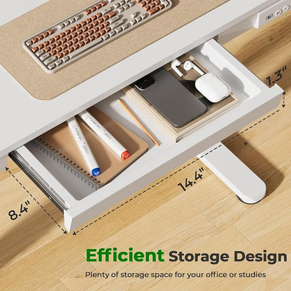 35" Electric Standing Desk with Drawer, 4 Lockable Wheels | Height Adjustable Quick Install One-Piece Tabletop with USB Charging Port, Small Sit to Stand up Desk for Home Office, White