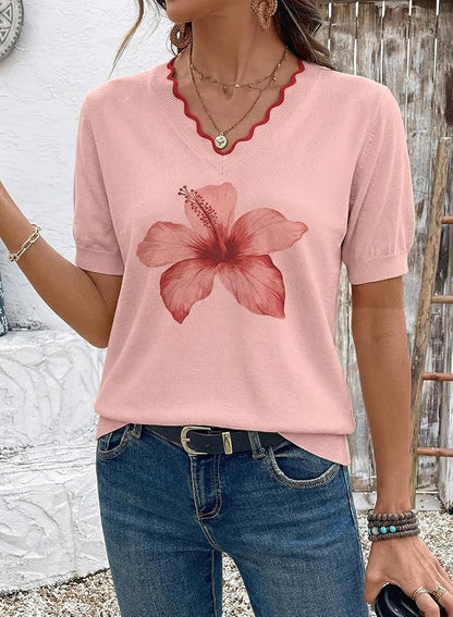 Dokotoo Womens Summer Short Sleeve Knit Tops 2026 Spring Trendy Casual V Neck Striped Sweater Blouses
