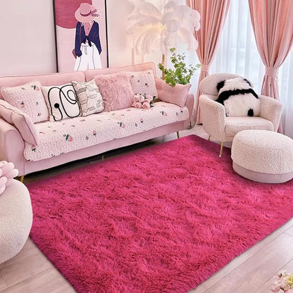 Softlife Rug for Bedroom 4x5.3 Feet Area Rug for Living Room Super Soft Shaggy Rugs for Kids Room Fluffy Fuzzy Carpets Long Plush Bedside Rug Nursery Christmas Home Decoration for Boys Girls, Rose Red